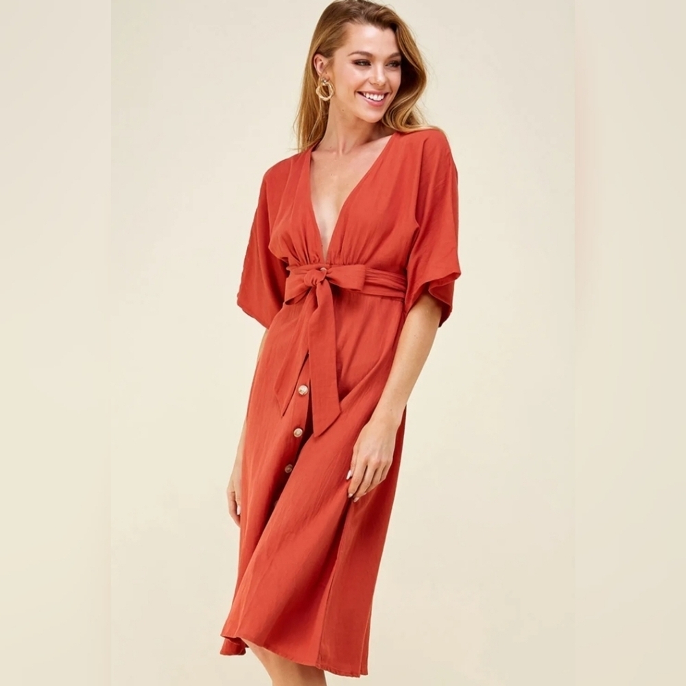 Tie Front Belted Midi Dress Button Down Deep V-Neck S/M/L Rust Orange - Picture 2 of 6
